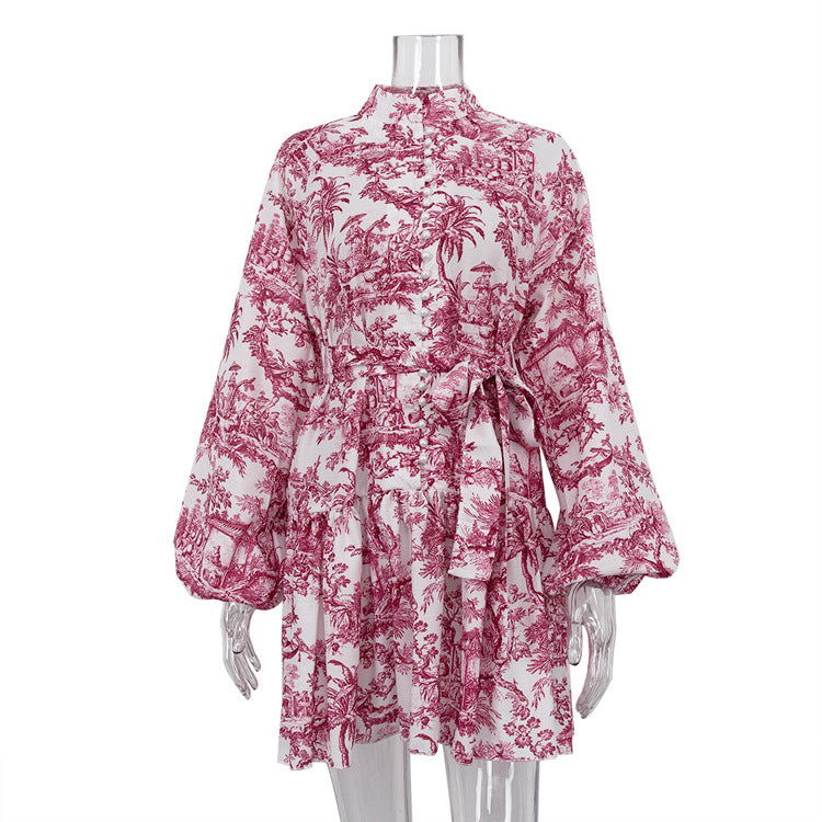 Early National Ink Printing Short Dress Puff Sleeve StUp Collar Tie Retro A Line Dress