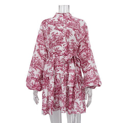 Early National Ink Printing Short Dress Puff Sleeve StUp Collar Tie Retro A Line Dress