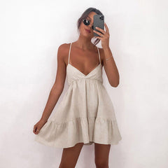 Early Retro A line Slip Dress Pleated Cotton Linen V neck Dress
