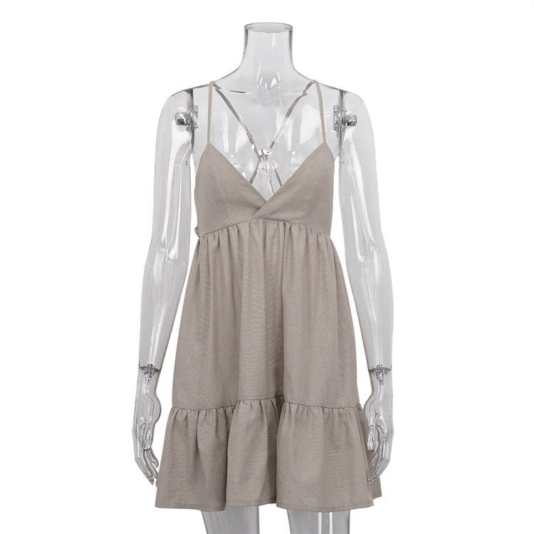 Early Retro A line Slip Dress Pleated Cotton Linen V neck Dress