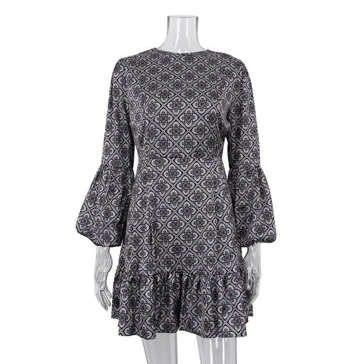 Early Retro Ethnic round Neck Slim Fit Printed Dress Tea Break French Long Sleeve Dress for