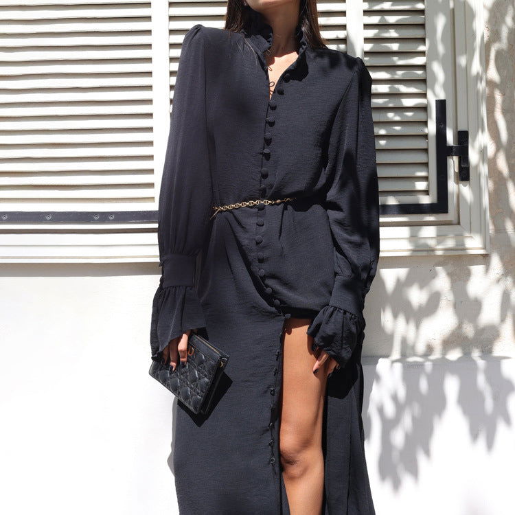 Early Solid Color Long Sleeve StCollar Design Shirt French Casual Slit Maxi Dress