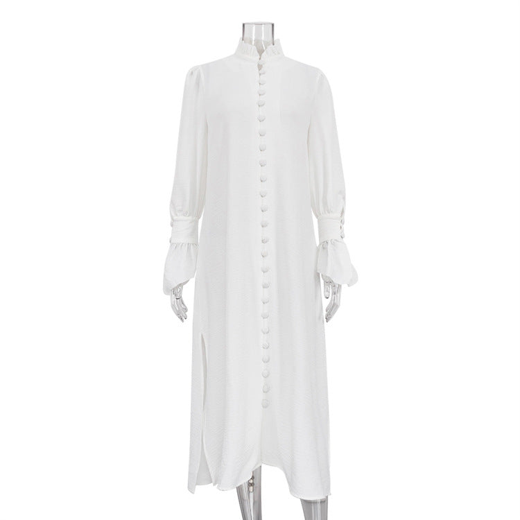 Early Solid Color Long Sleeve StCollar Design Shirt French Casual Slit Maxi Dress