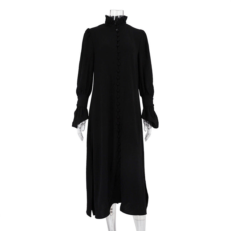 Early Solid Color Long Sleeve StCollar Design Shirt French Casual Slit Maxi Dress