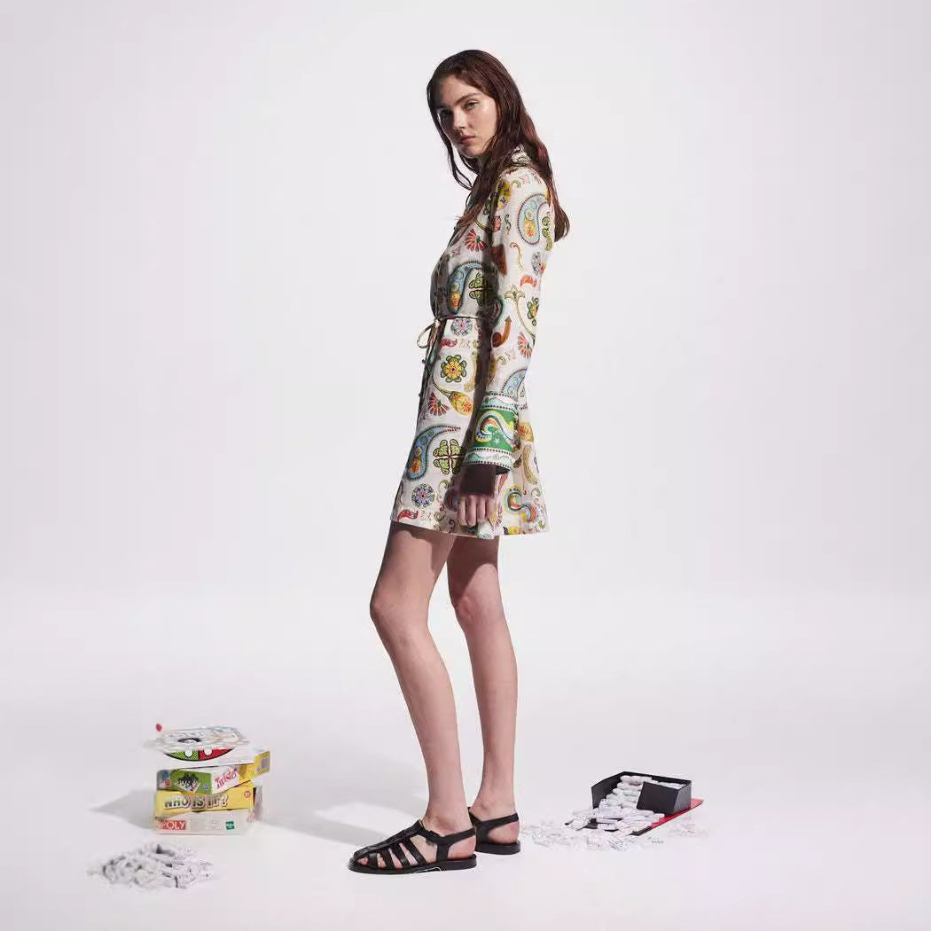 Elegant Socialite Collared Tied Waist Positioning Printing Linen Vacation Long Sleeve