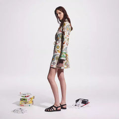 Elegant Socialite Collared Tied Waist Positioning Printing Linen Vacation Long Sleeve
