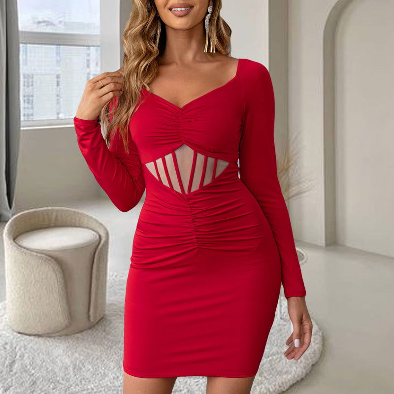 Vestido elegante con escote en V, elástico, ajustado, manga larga, rojo, vintage