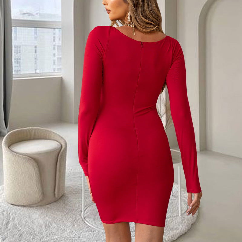 Vestido elegante con escote en V, elástico, ajustado, manga larga, rojo, vintage