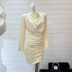 Elegant High Grade Black High Collar Sheath Slim Pleated