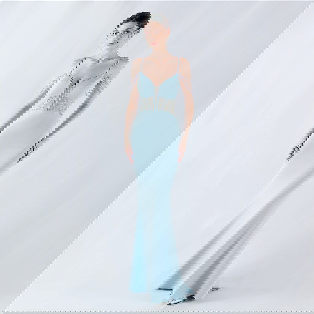 Vestido de noche ajustado con corsé y cuentas de diamantes de imitación para cóctel y presentación.