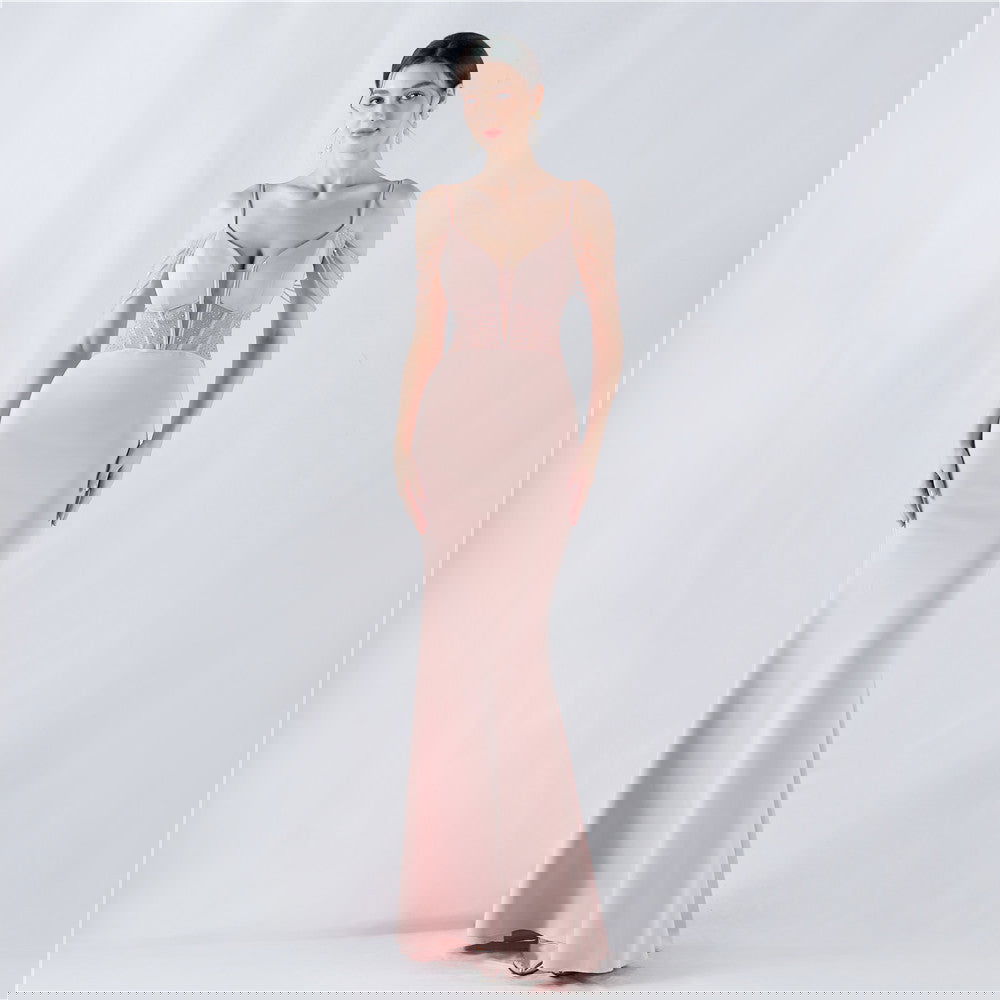 Vestido de noche ajustado con corsé y cuentas de diamantes de imitación para cóctel y presentación.