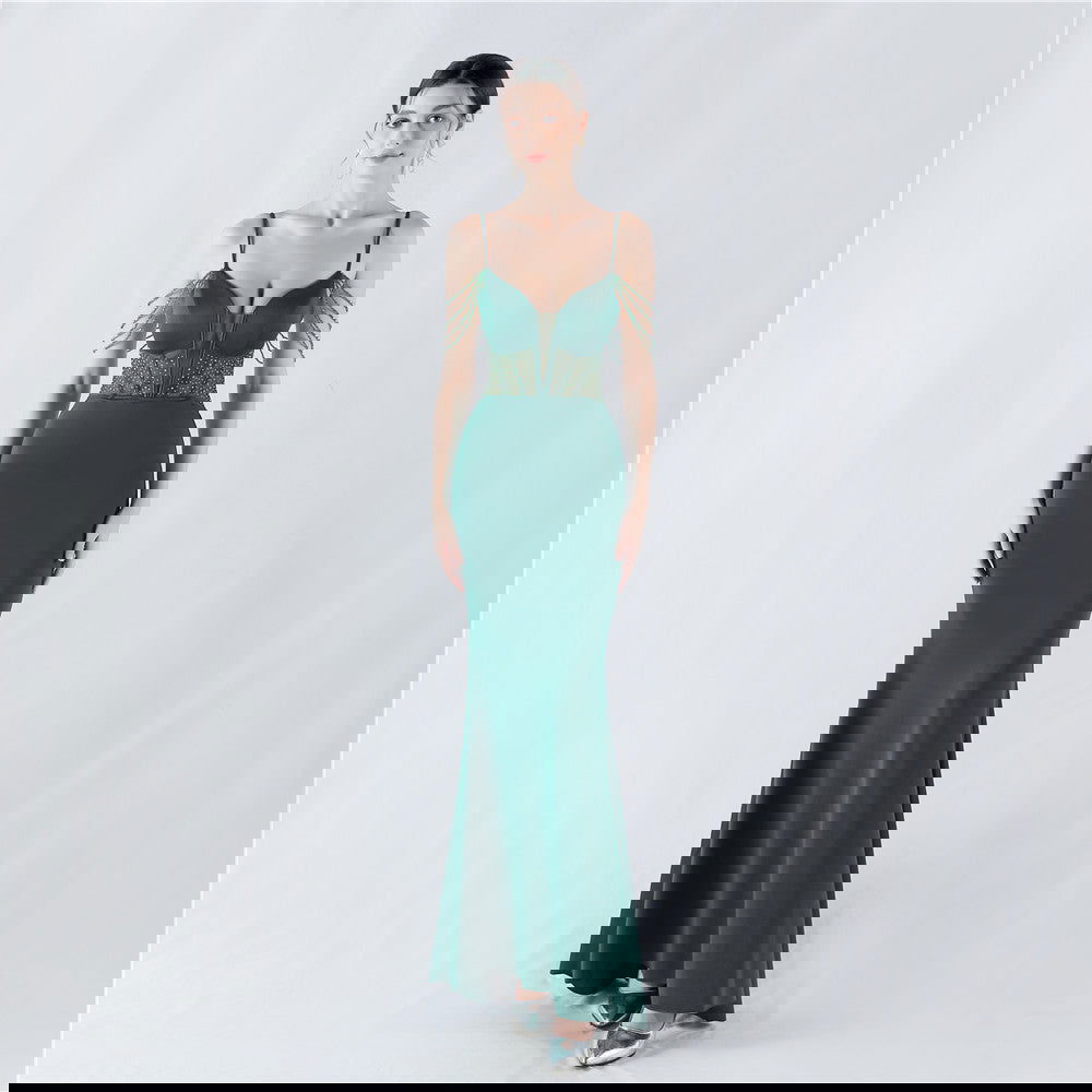 Vestido de noche ajustado con corsé y cuentas de diamantes de imitación para cóctel y presentación.