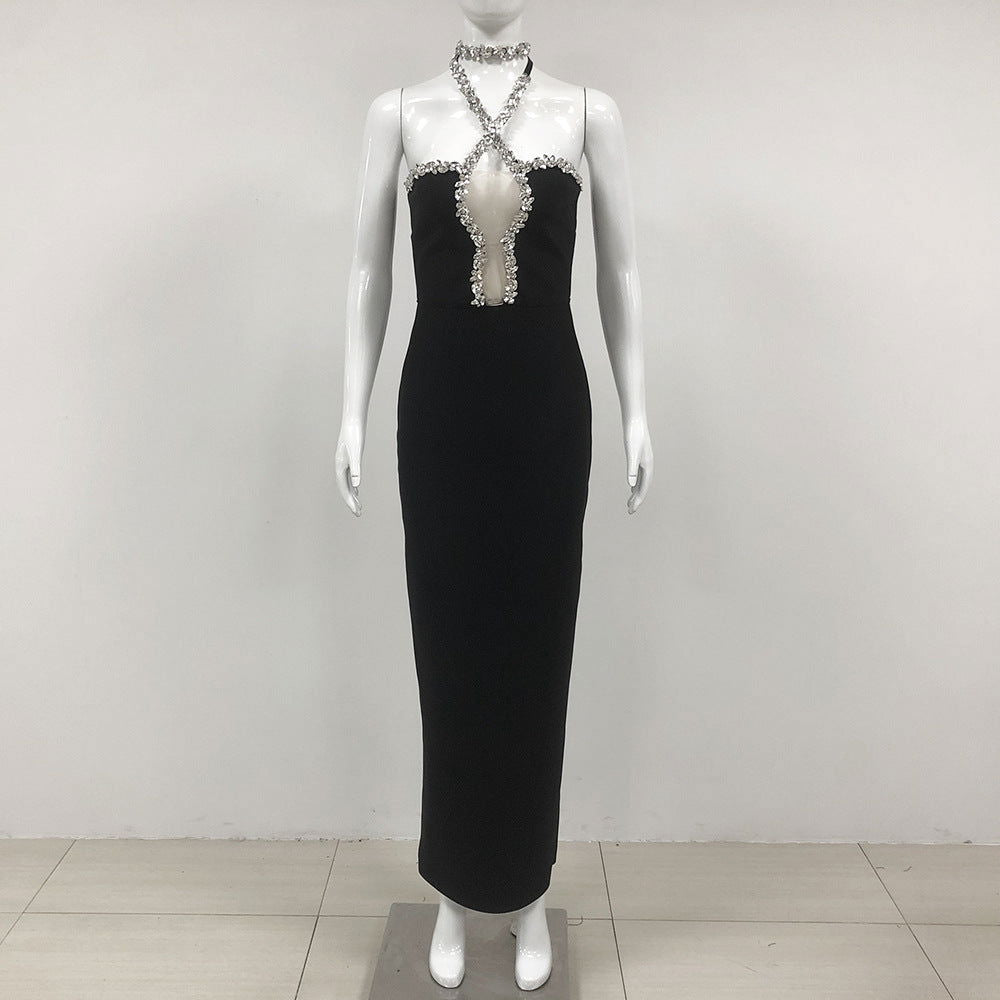 Exquisite Rhinestone Halter Slim Fit Bandage Split Dress Socialite Dinner Catwalk Dress