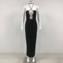 Exquisite Rhinestone Halter Slim Fit Bandage Split Dress Socialite Dinner Catwalk Dress