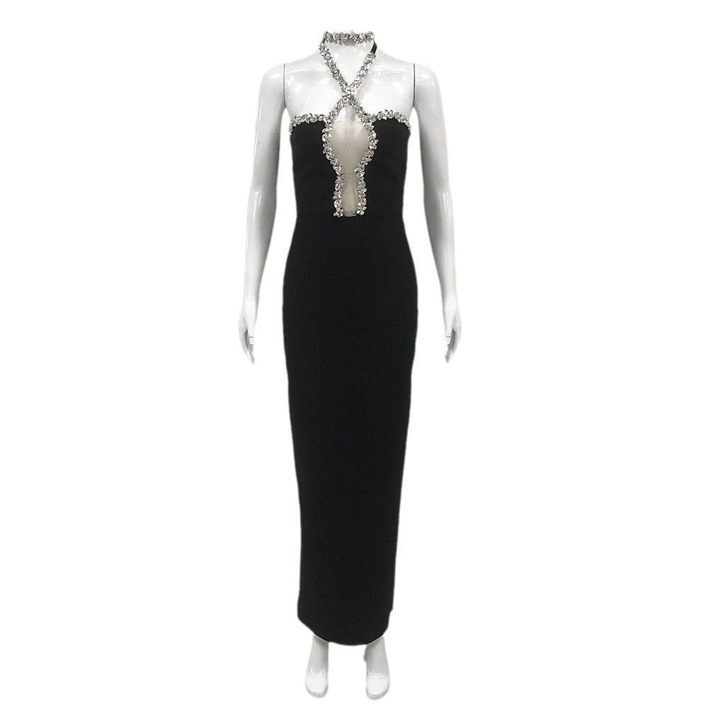 Exquisite Rhinestone Halter Slim Fit Bandage Split Dress Socialite Dinner Catwalk Dress