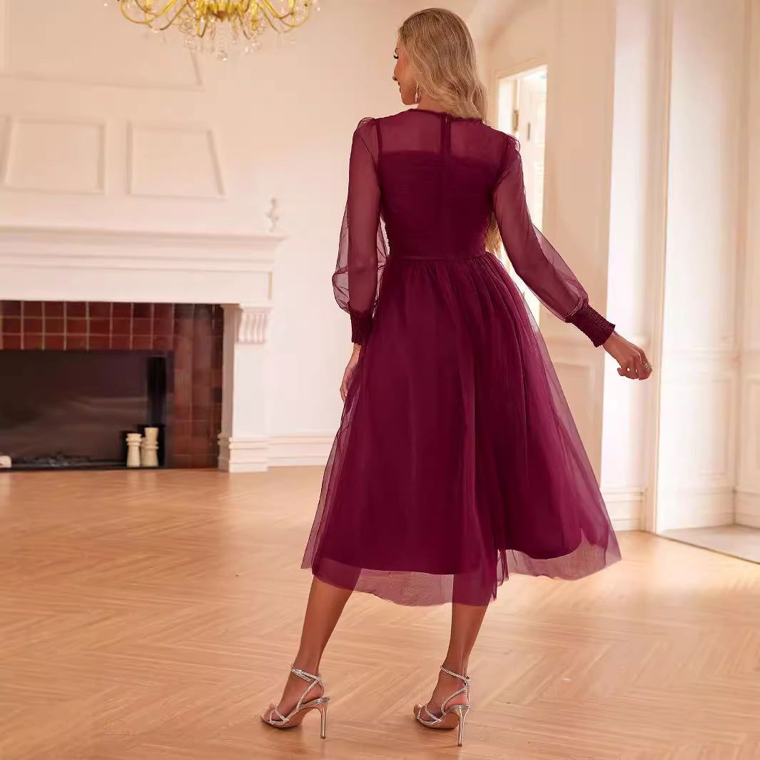 Fairy Deep V Plunge Mesh Bubble Long Sleeve Dress Slimming Waist Dress