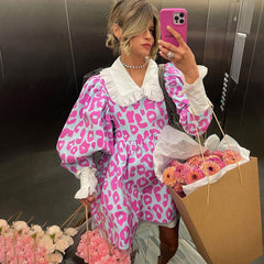 Fall Dress Long Sleeve High Waist Print A line Dress Doll Collar Bubble Babydoll Dress