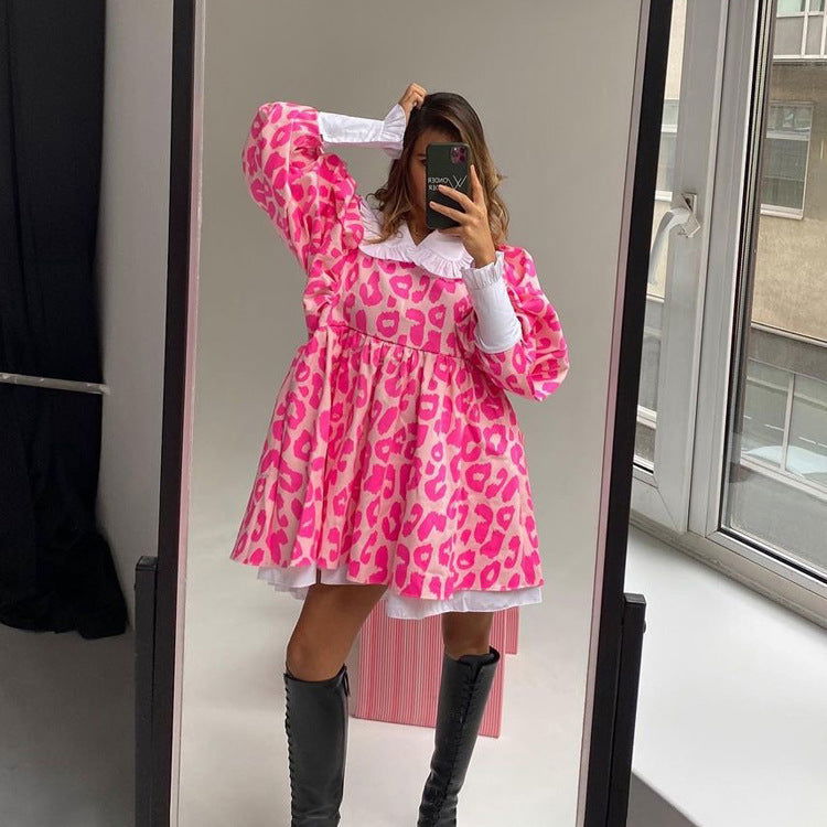 Fall Dress Long Sleeve High Waist Print A line Dress Doll Collar Bubble Babydoll Dress