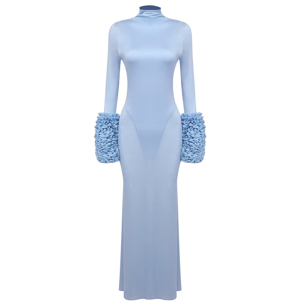 Fall Long Sleeve Light Blue Tencel Dress Slim Fit Solid Color Mesh Oversleeve Dress