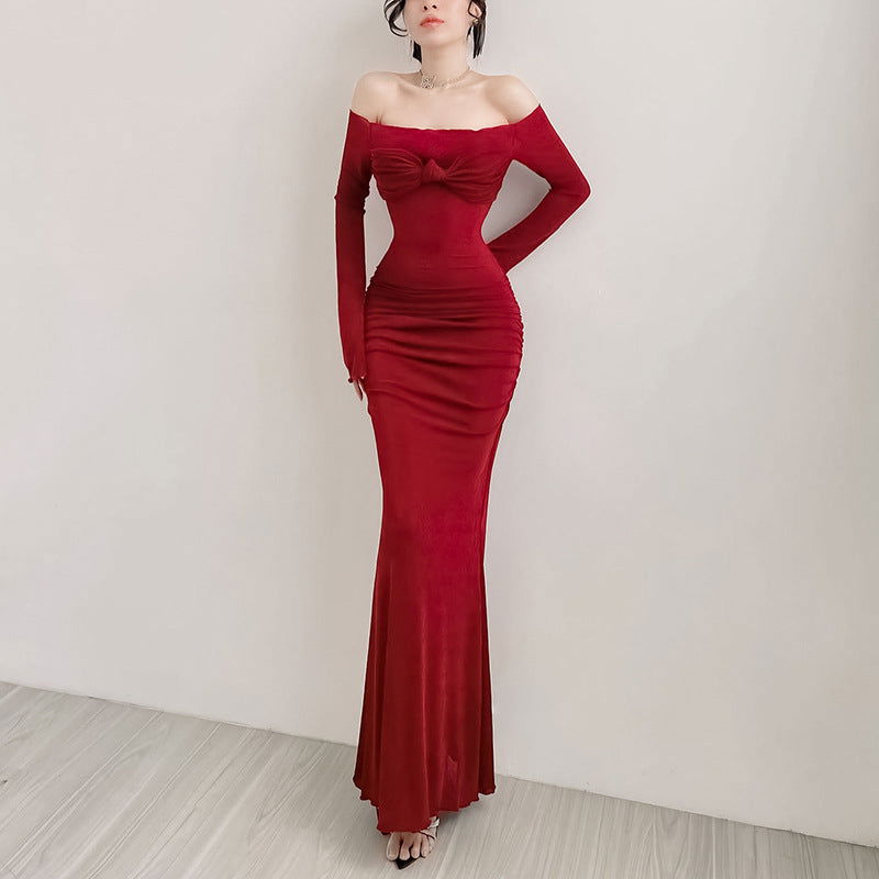 Fall Maxi Dress Elegant Slim Off Shoulder Chest Show