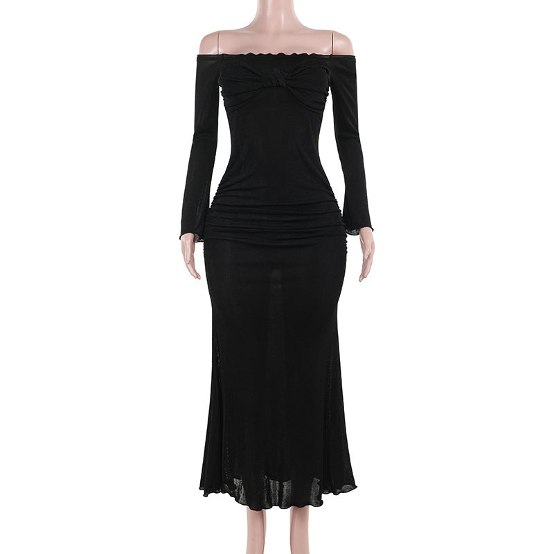 Fall Maxi Dress Elegant Slim Off Shoulder Chest Show