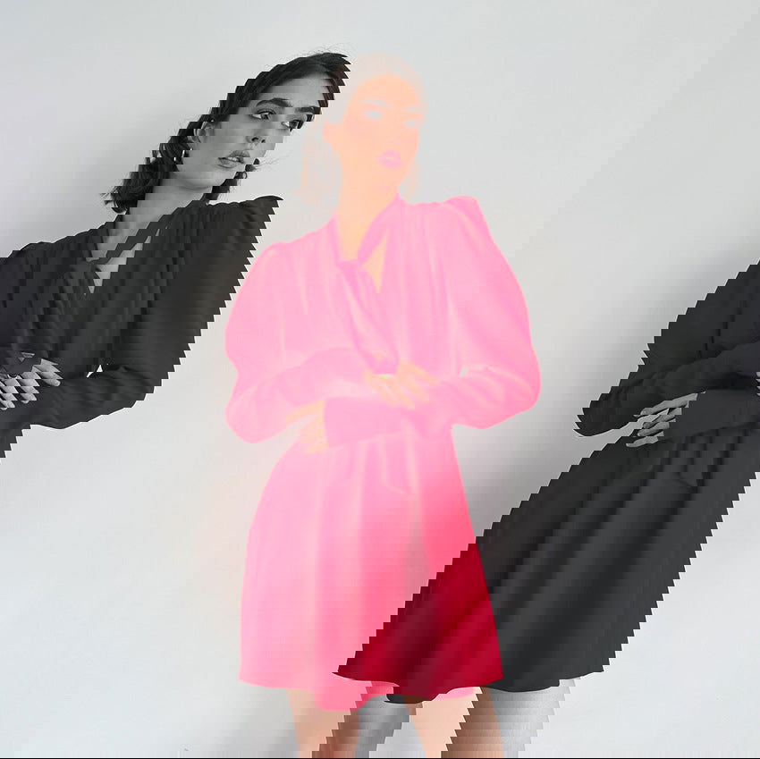 Fall V Neck Puff Sleeve Dress Black Long Sleeve Chiffon