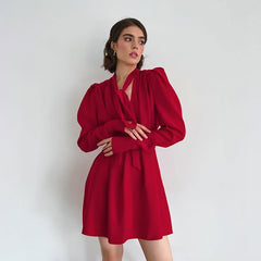 Fall V Neck Puff Sleeve Dress Black Long Sleeve Chiffon