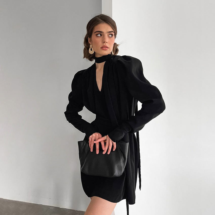 Fall V Neck Puff Sleeve Dress Black Long Sleeve Chiffon