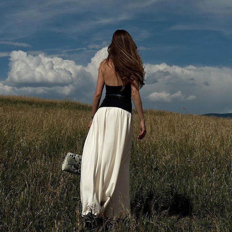 Vestido de otoño holgado, sin espalda, con costuras, plisado y ajustado