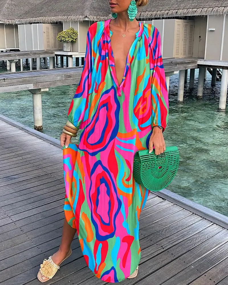 Fall Printed Pullover Long Sleeve Dress V neck Swing Loose Jumpsuit