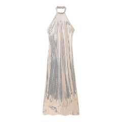 Fall Sequ Hanging Collar Flared Sleeveless Slim Maxi Dress