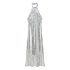 Fall Sequ Hanging Collar Flared Sleeveless Slim Maxi Dress