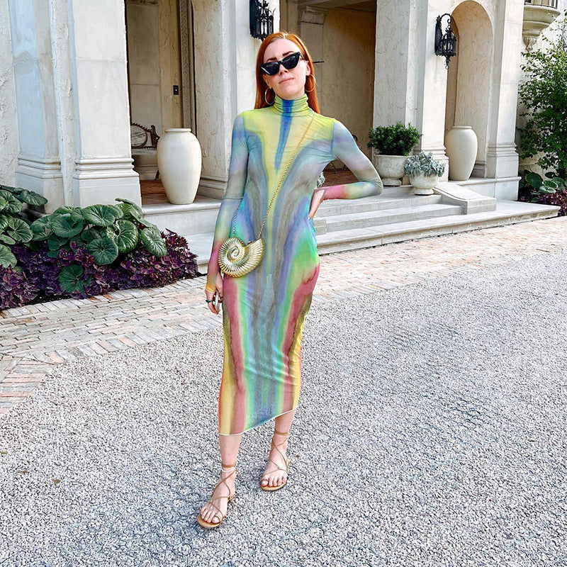 Fall Mesh See through Turtleneck Long Sleeve Slim Fit High Waist Length Dress