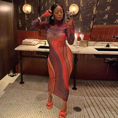 Fall Mesh See through Turtleneck Long Sleeve Slim Fit High Waist Length Dress