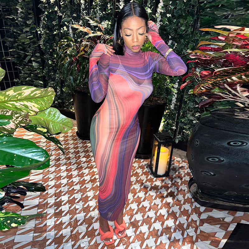 Fall Mesh See through Turtleneck Long Sleeve Slim Fit High Waist Length Dress