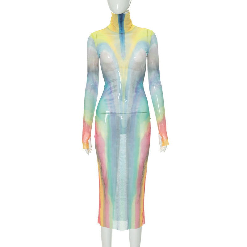Fall Mesh See through Turtleneck Long Sleeve Slim Fit High Waist Length Dress