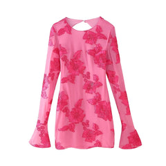 Vestido sin espalda de manga larga con estampado floral y placa tridimensional con abertura en la espalda y cuello redondo de otoño