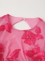 Vestido sin espalda de manga larga con estampado floral y placa tridimensional con abertura en la espalda y cuello redondo de otoño