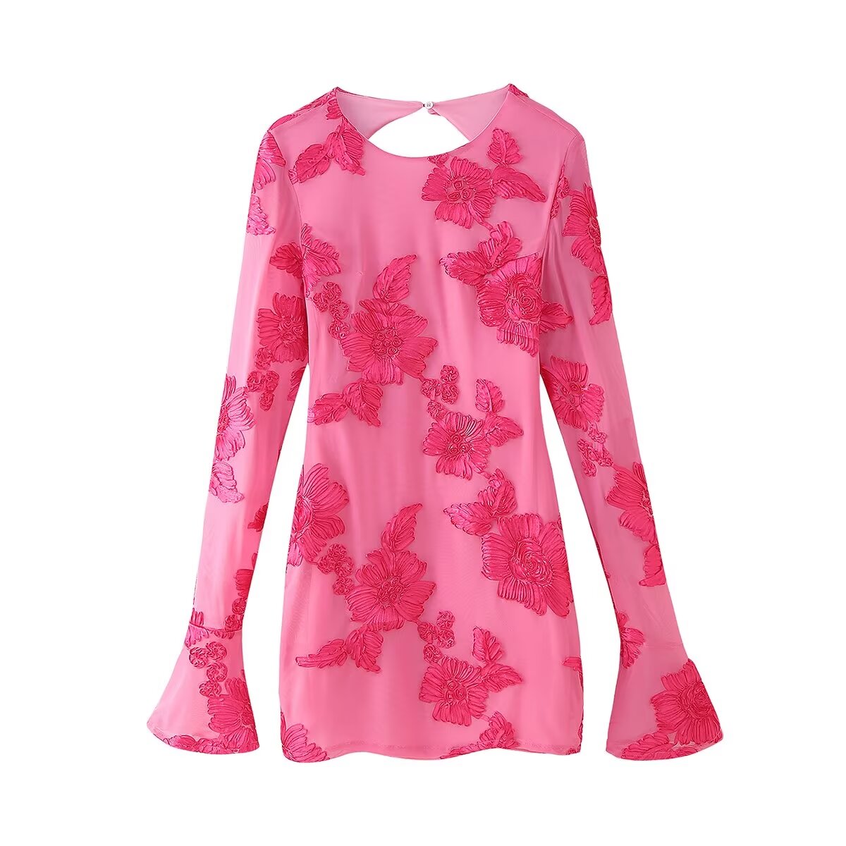 Vestido sin espalda de manga larga con estampado floral y placa tridimensional con abertura en la espalda y cuello redondo de otoño