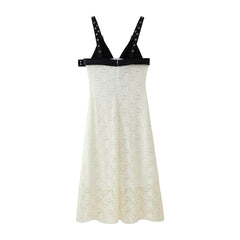 Faux Leather Stitching Deep V Plunge neck Dress Lace V neck Patchwork Maxi Dress