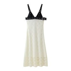 Faux Leather Stitching Deep V Plunge neck Dress Lace V neck Patchwork Maxi Dress