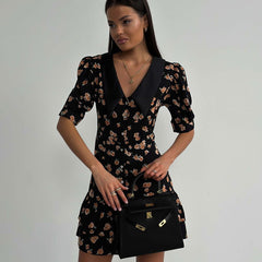 Floral Dress High Grade French Short Sleeve Collared Waist Tight Slimming Tea Break A line Dress
