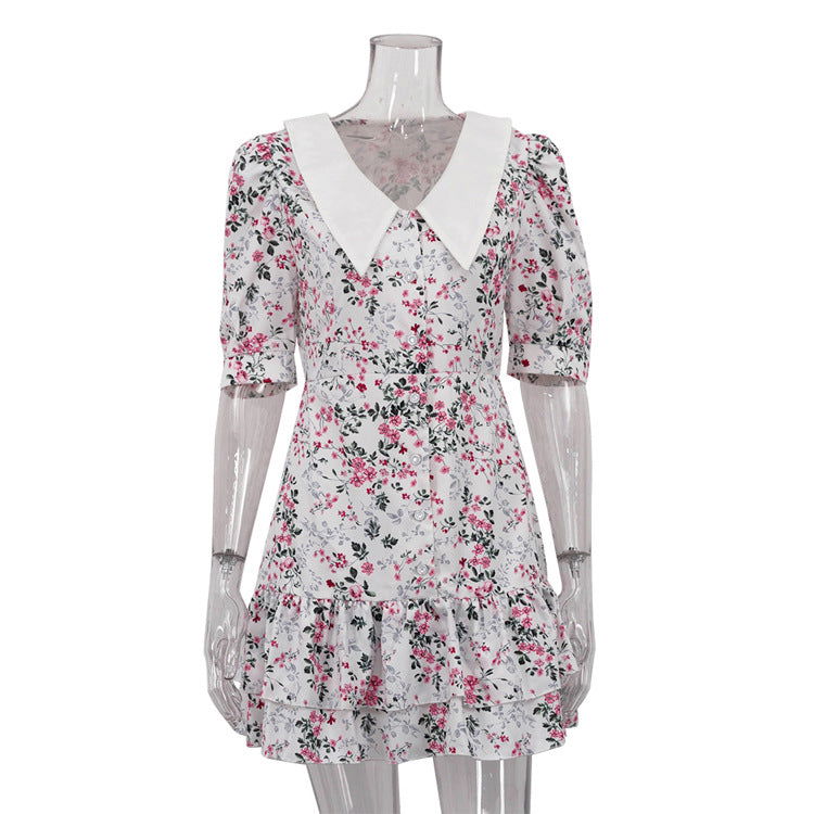 Floral Dress High Grade French Short Sleeve Collared Waist Tight Slimming Tea Break A line Dress