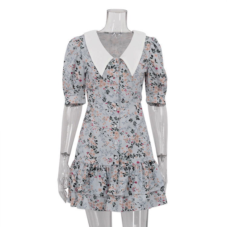 Floral Dress High Grade French Short Sleeve Collared Waist Tight Slimming Tea Break A line Dress