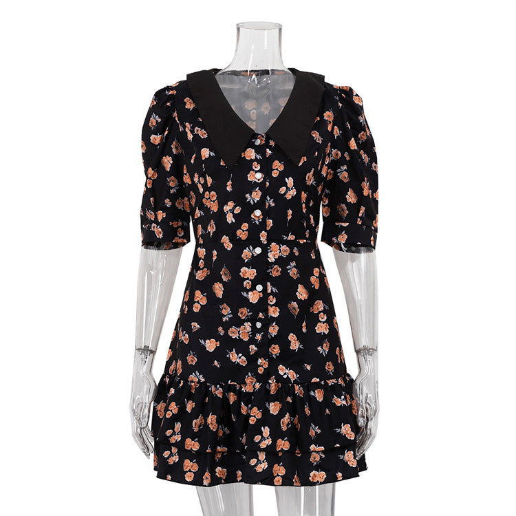 Floral Dress High Grade French Short Sleeve Collared Waist Tight Slimming Tea Break A line Dress