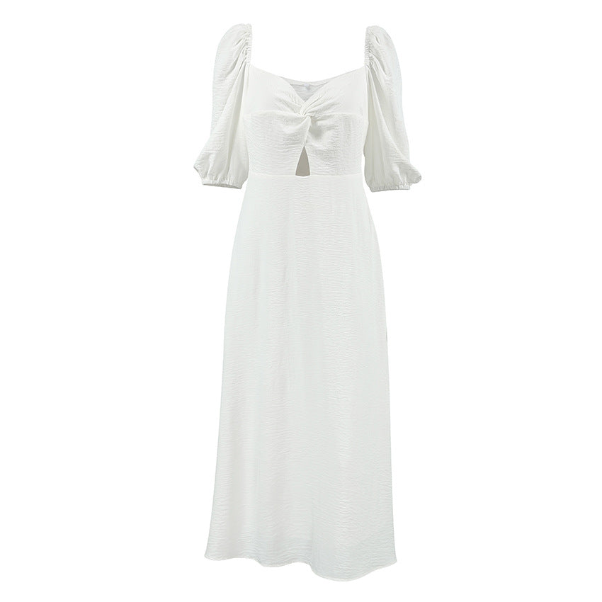 French Bubble Wrinkle Square Collar Slimming Puff Sleeve A line Dress Arrival