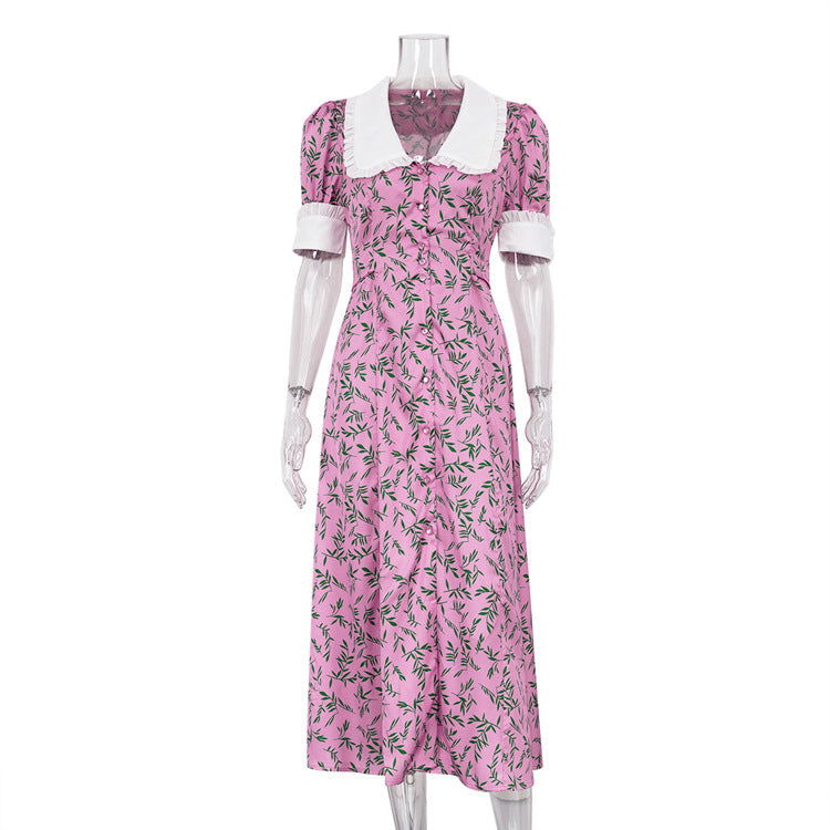 French Design Dress Short Sleeve Doll Collar GracefulMaxi Dress