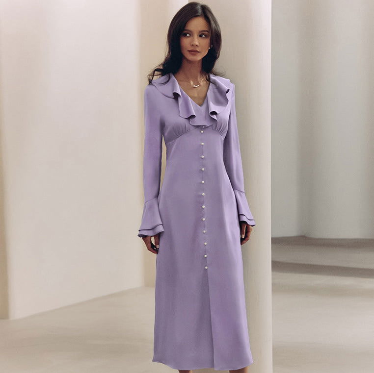 French Imitation Acetate Satin V neck Flared Sleeves High Waist Ruffles Dress Autumn