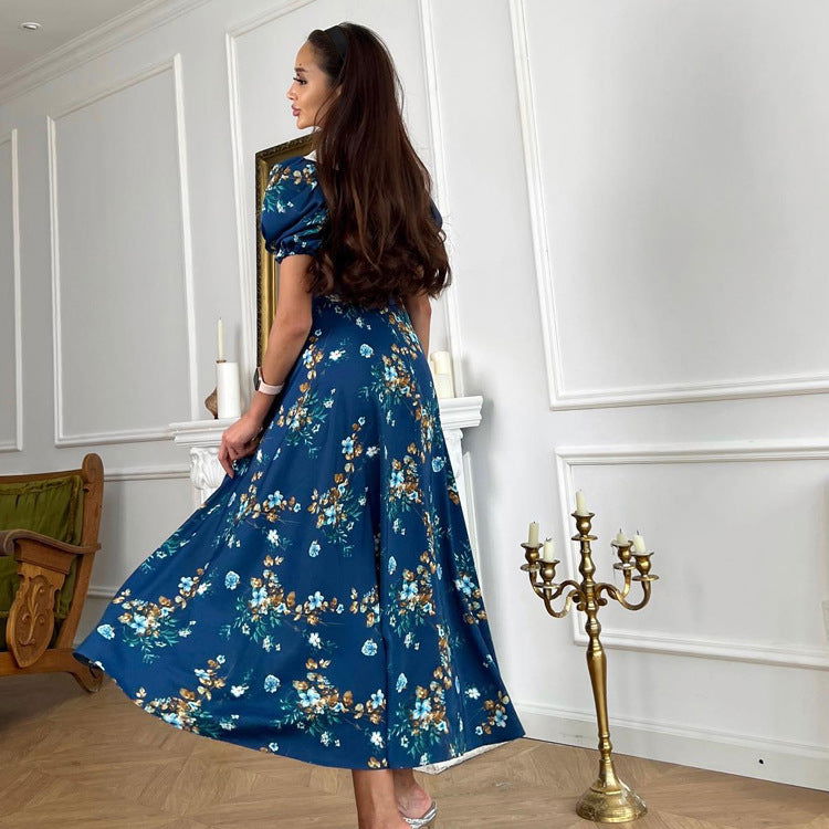 French Peter Pan Collar Short Sleeve Blue Floral Slimming High End Exquisite First Love Dress