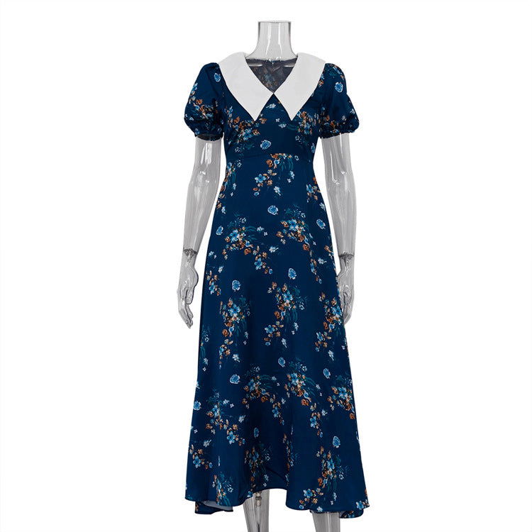 French Peter Pan Collar Short Sleeve Blue Floral Slimming High End Exquisite First Love Dress